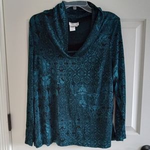 Coldwater Creek 1X Top Teal Blue Cowel Neck Stretch Patterned Blouse